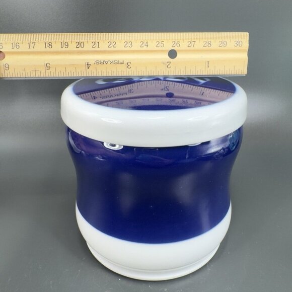 1970s Porsgrund Norway Porcelain Covered Candy Dish Jar Blue White Container VTG - Picture 2 of 11
